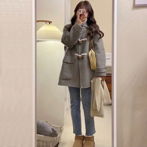  Autumn and Winter New Style Japanese Gray Horn Button Loose Slim Woolen Coat Small Women's Woolen Coat