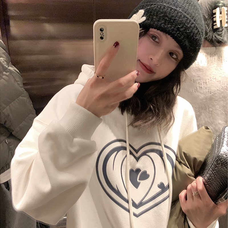 加絨加厚秋冬上衣寬鬆連帽中長款高級感超好看白色衛衣外套女