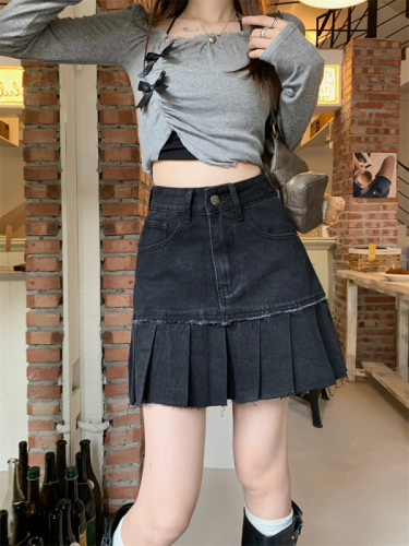 Real shot ~ Retro hot girl pleated denim skirt for women, high waist, slimming, A-line, hip-covering, anti-exposure short skirt