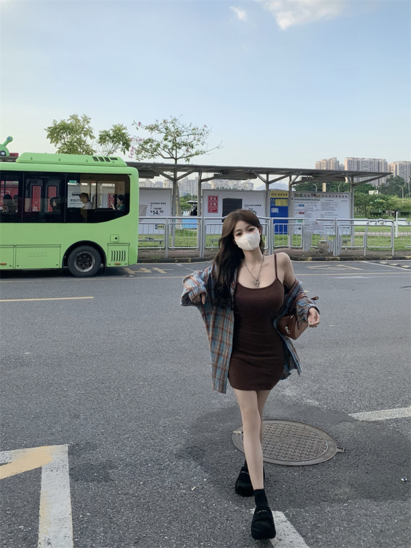 實拍 秋季新款休閒連帽格子襯衫辣妹吊帶裙兩件套