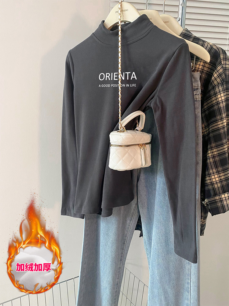 Real shot of half turtleneck double-sided German velvet bottoming shirt for women in autumn and winter, long-sleeved T-shirt plus velvet thickened top