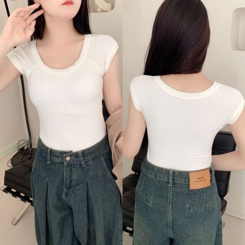 Hot girl U-neck short-sleeved T-shirt women's autumn and winter brushed pure lust style short tight slimming bottoming shirt right shoulder top