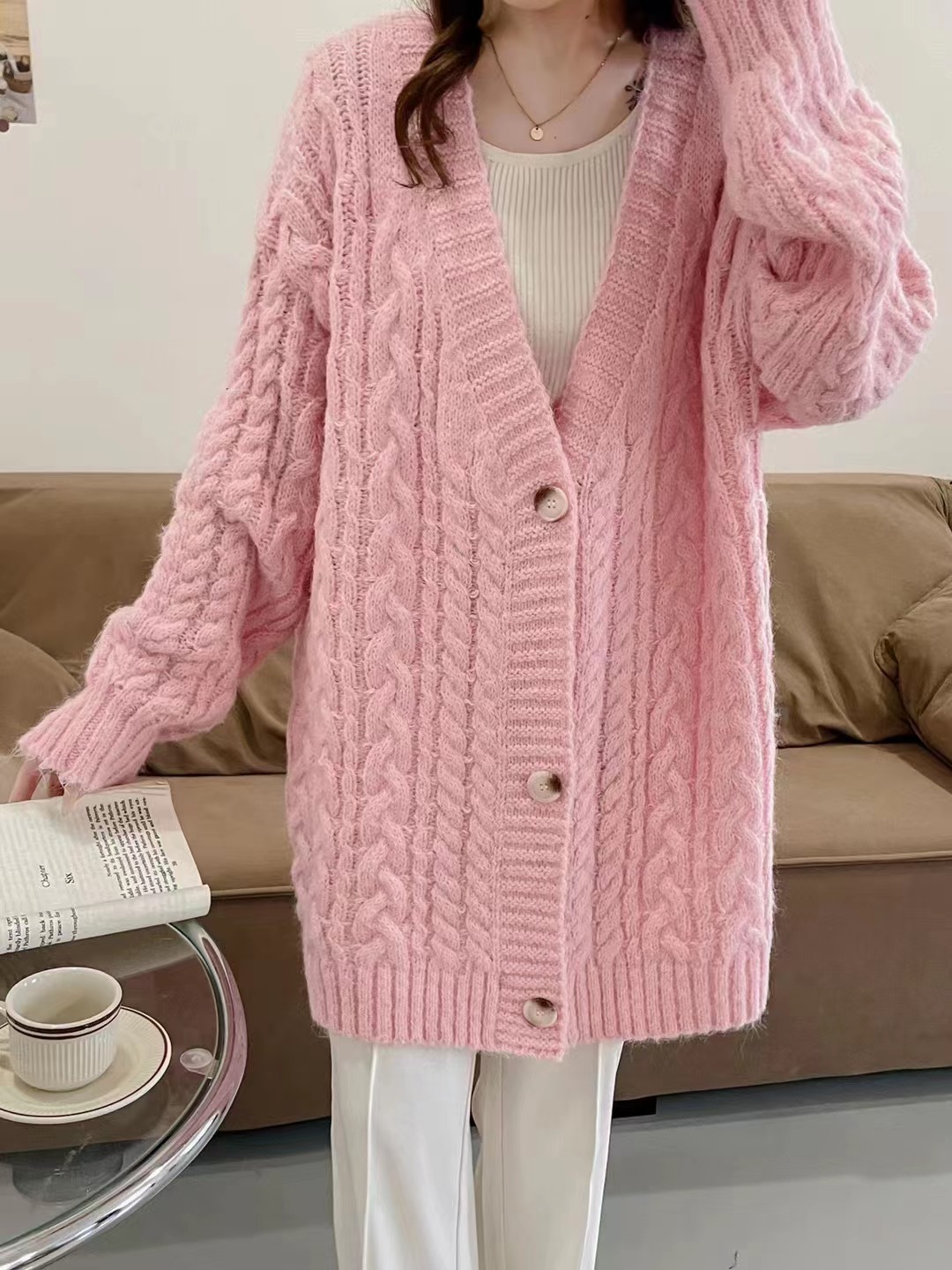 Real shot of alpaca lazy style loose soft waxy twist knitted cardigan for women autumn and winter new V-neck single-breasted sweater