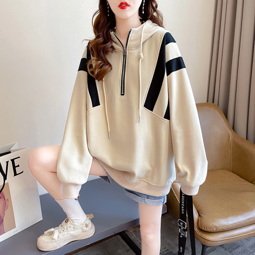 Real shot Autumn and winter Korean version Chinese cotton composite 400g hooded color matching loose large size women's plus velvet thickened sweatshirt for women