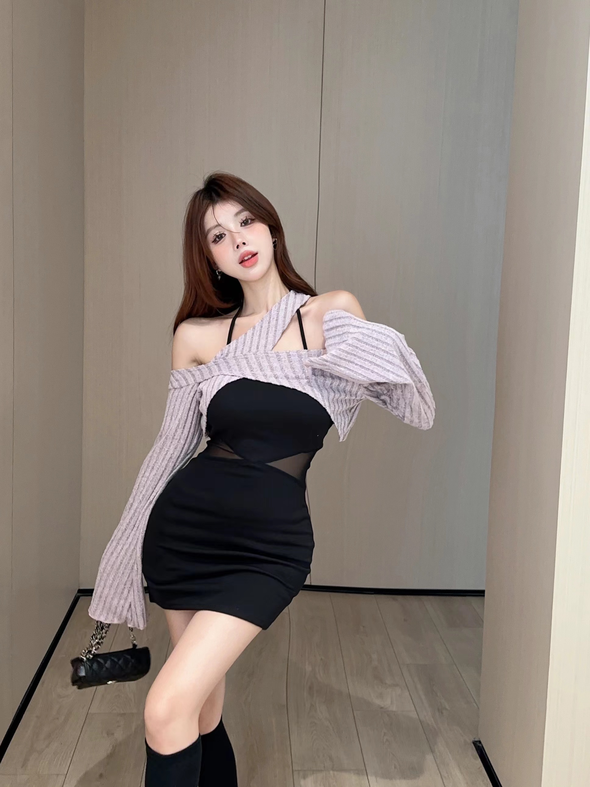 Real shot of sexy mesh dress for women, two-piece set with shawl and top