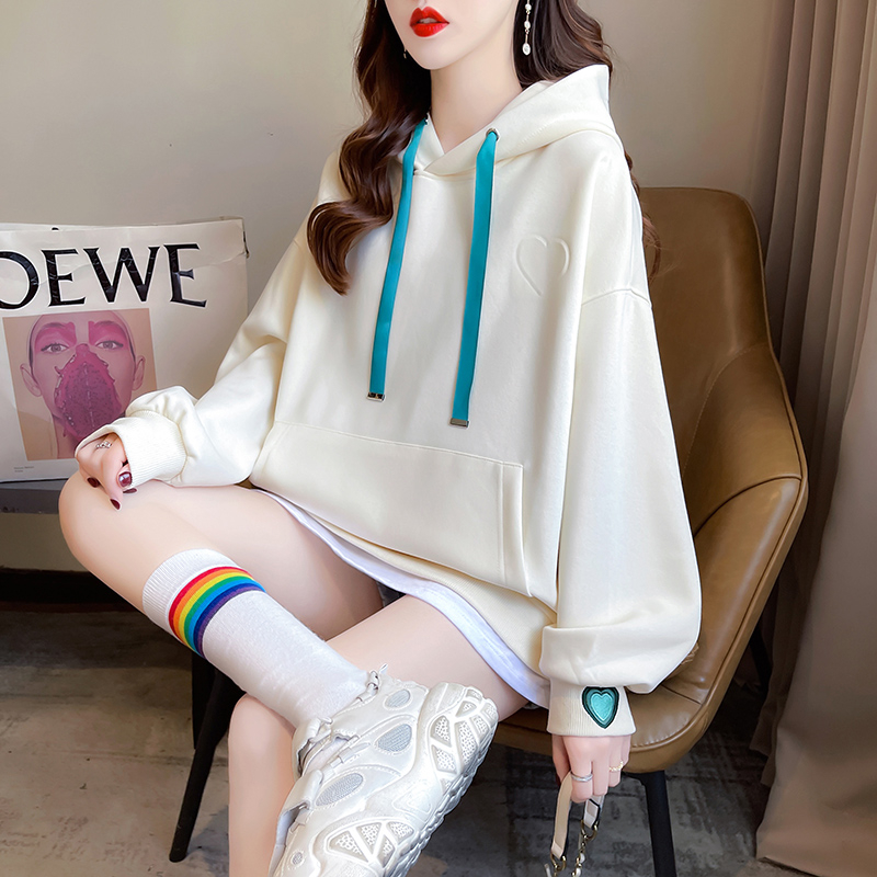 Actual shot of winter Korean style loose 380g Chinese cotton composite hooded mid-length large size velvet thickened sweatshirt for women