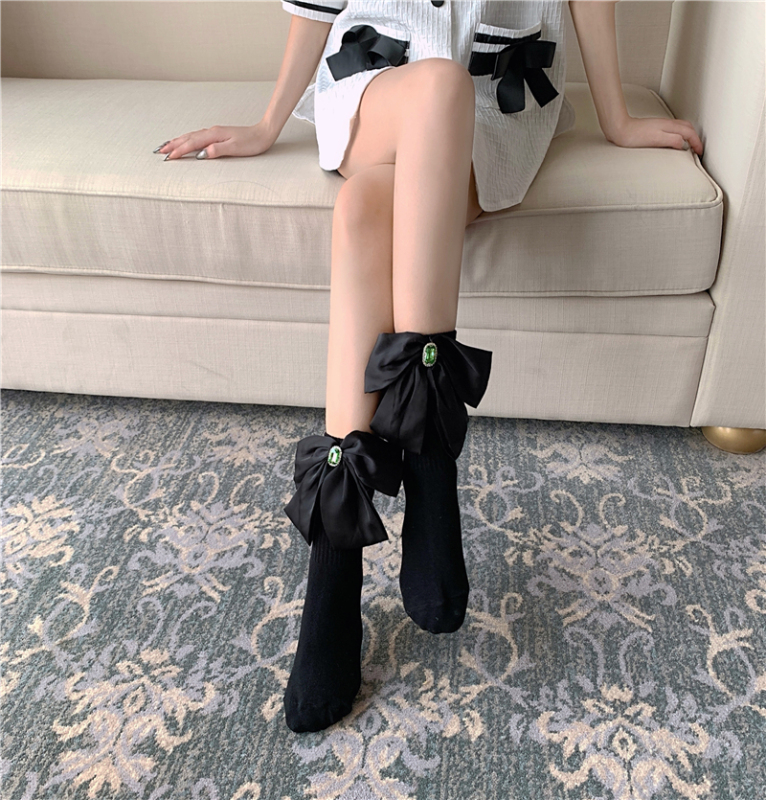 實拍~仿絲綢大蝴蝶結鑽石巴洛克風針織中筒堆堆襪女短筒襪子