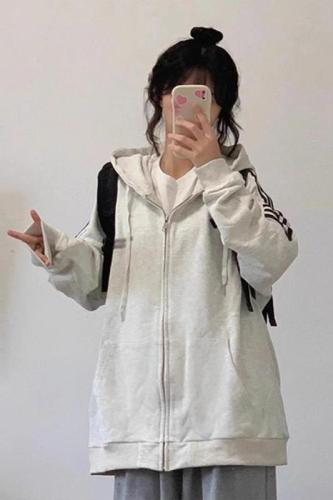 American retro three stripes  new spring and autumn coat sweet Japanese style lazy style hooded gray sweatshirt for women