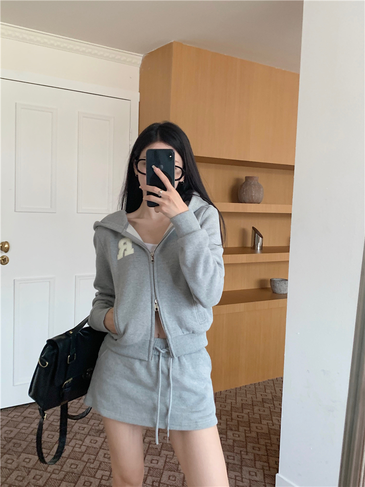 Real shot ~ American sweatshirt for women 2023 new velvet thickened lazy style short cardigan jacket two-piece set