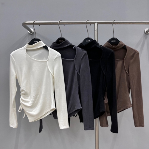 New style for autumn and winter, Korean style design, irregular halterneck, hollow, long-sleeved T-shirt with brushed base T-shirt for women