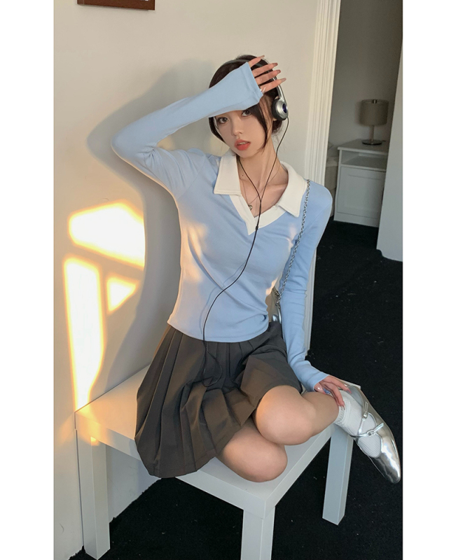 2023春秋冬季POLO領長袖打底衫女修身短款小眾別致V領正肩t恤上衣