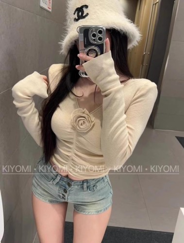 DAISYJING new style pure lust style slim pleated flower design long-sleeved knitted inner top for women