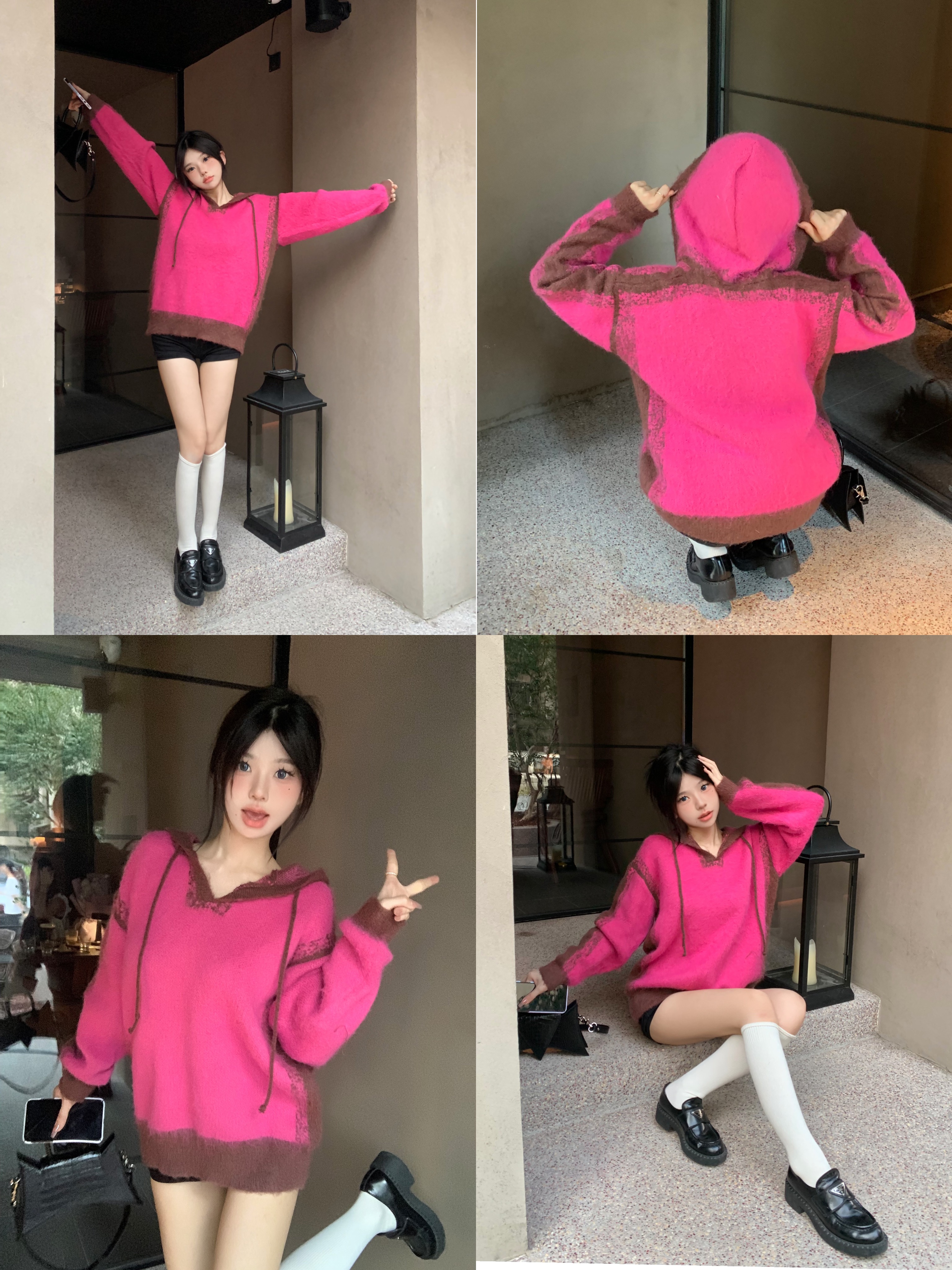 Actual shot ~ American retro V-neck hooded loose contrast gradient long-sleeved knitted sweater for women