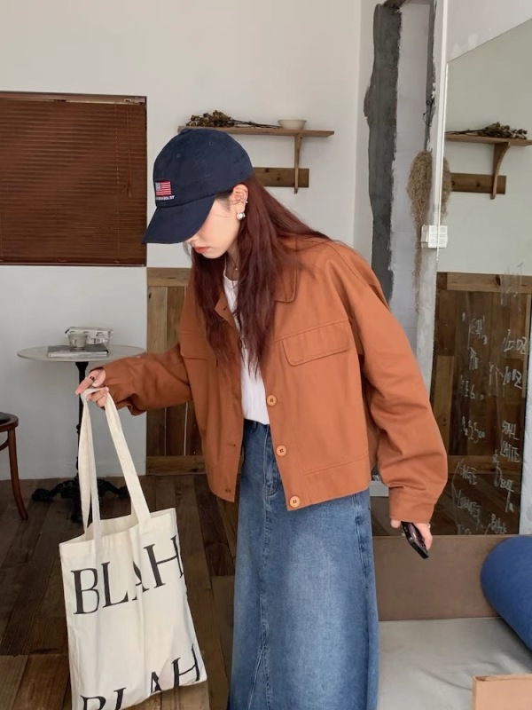 復古polo領工裝外套2023秋新款小個子寬鬆休閒短夾剋薄開衫潮上衣