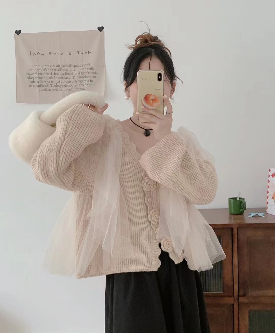 2023 new autumn style gentle style mesh splicing sweater jacket for women, versatile and stylish fairy short knitted sweater top