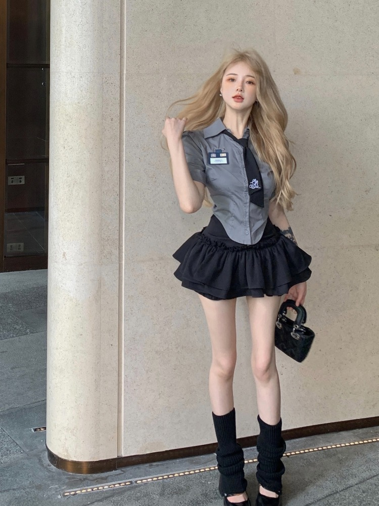 College style jk uniform American suit short-sleeved shirt top women's tutu skirt two-piece summer set