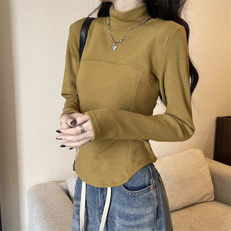 實拍半高領弧形線條磨毛加厚長袖t恤女秋冬韓版小眾上衣