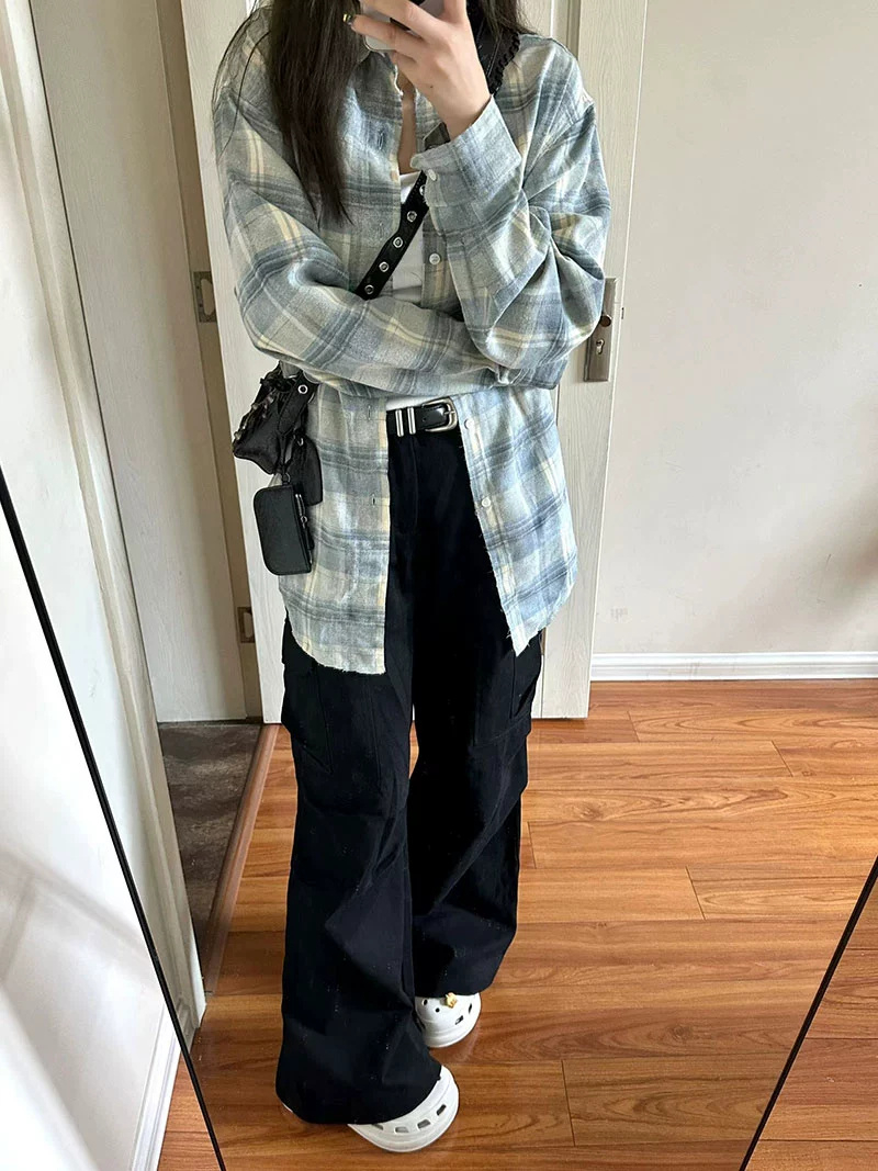 French blue plaid design niche long-sleeved shirt women's loose mid-length 2023 spring and autumn couple's jacket