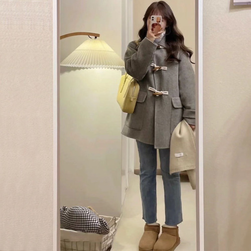  Autumn and Winter New Style Japanese Gray Horn Button Loose Slim Woolen Coat Small Women's Woolen Coat