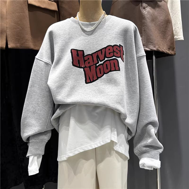 Official picture of Chinese cotton composite thin 310g plus velvet 410g autumn and winter round neck sweatshirt for women with printed loose large size
