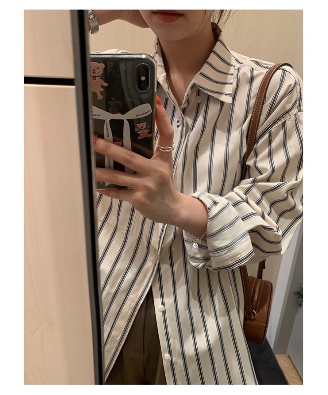 pijiuu 杏色條紋襯衫女2023秋季新款設計感小眾襯衣韓版疊穿上衣
