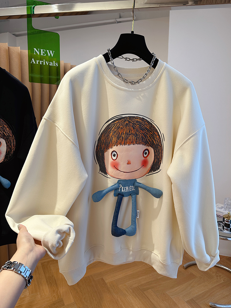 Design sense niche loose casual cartoon girl printed pink round neck sweatshirt women's autumn pullover lazy style top