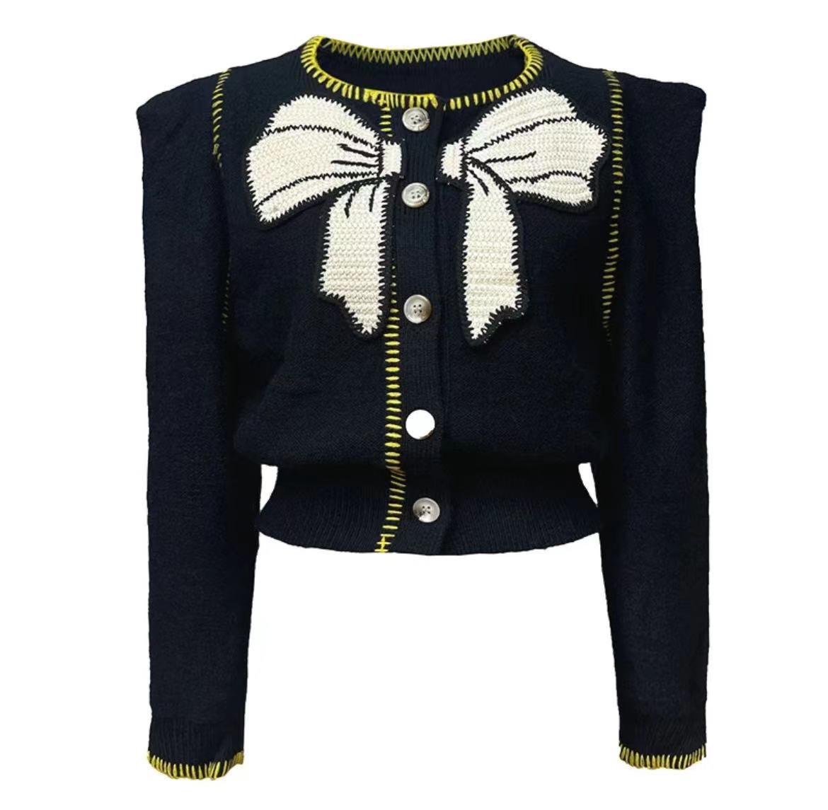 JUNGLE ME Xiaoxiangfeng black bow cardigan sweater top fashion jacket round neck Xiaoxiangfeng autumn