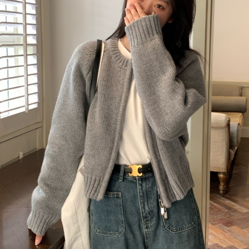 Gray raccoon velvet short zipper sweater jacket for women in spring and autumn retro lazy style outer knitted cardigan