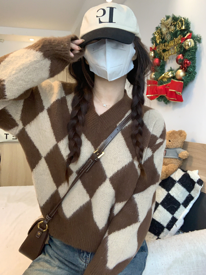 Real shot imitation mink V-neck rhombus sweater for women autumn and winter long-sleeved short versatile sweater