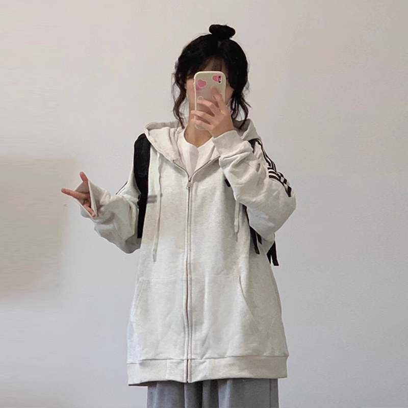 American retro three stripes 2023 new spring and autumn coat sweet Japanese style lazy style hooded gray sweatshirt for women