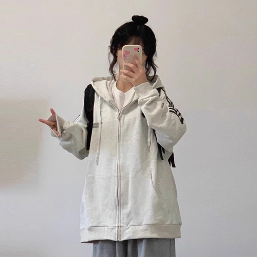 American retro three stripes  new spring and autumn coat sweet Japanese style lazy style hooded gray sweatshirt for women