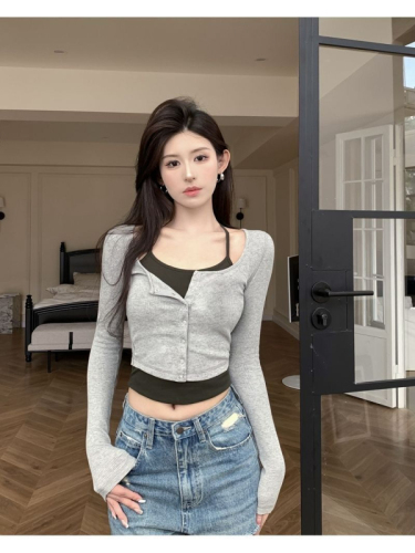 Official picture 40 count pure cotton rib 92 cotton 8 spandex fake two-piece long-sleeved T-shirt spring and autumn short top contrasting color bottoming shirt