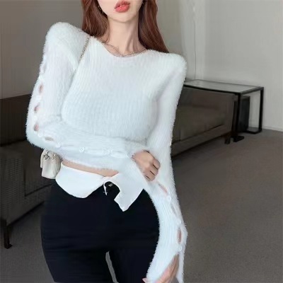 辣妹軟糯設計感紐扣破洞針織毛衣女春裝純欲性感打底百搭短款上衣