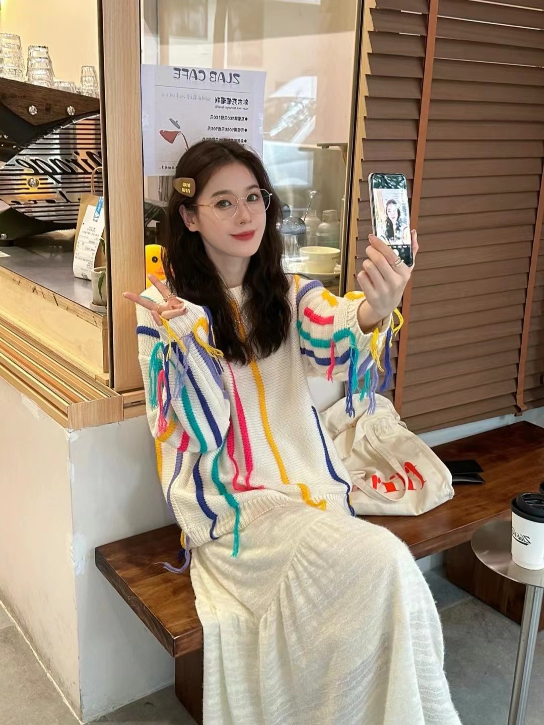 彩色條紋毛衣女秋冬oversize慵懶風流蘇針織衫設計感寬鬆情侶上衣