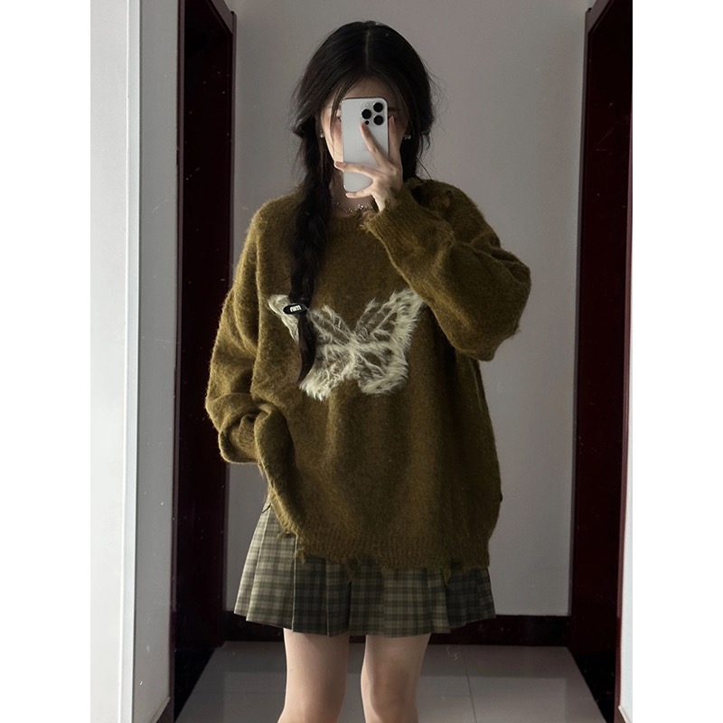 Plush bow lazy style sweater women's autumn and winter design niche loose ripped sweater long-sleeved top