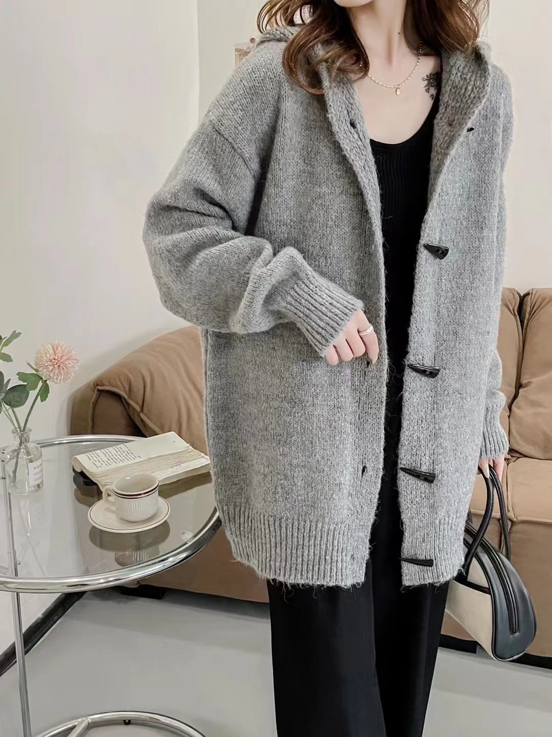 Lazy style horn button hooded sweater jacket for women 2023 new autumn and winter loose and versatile knitted cardigan top