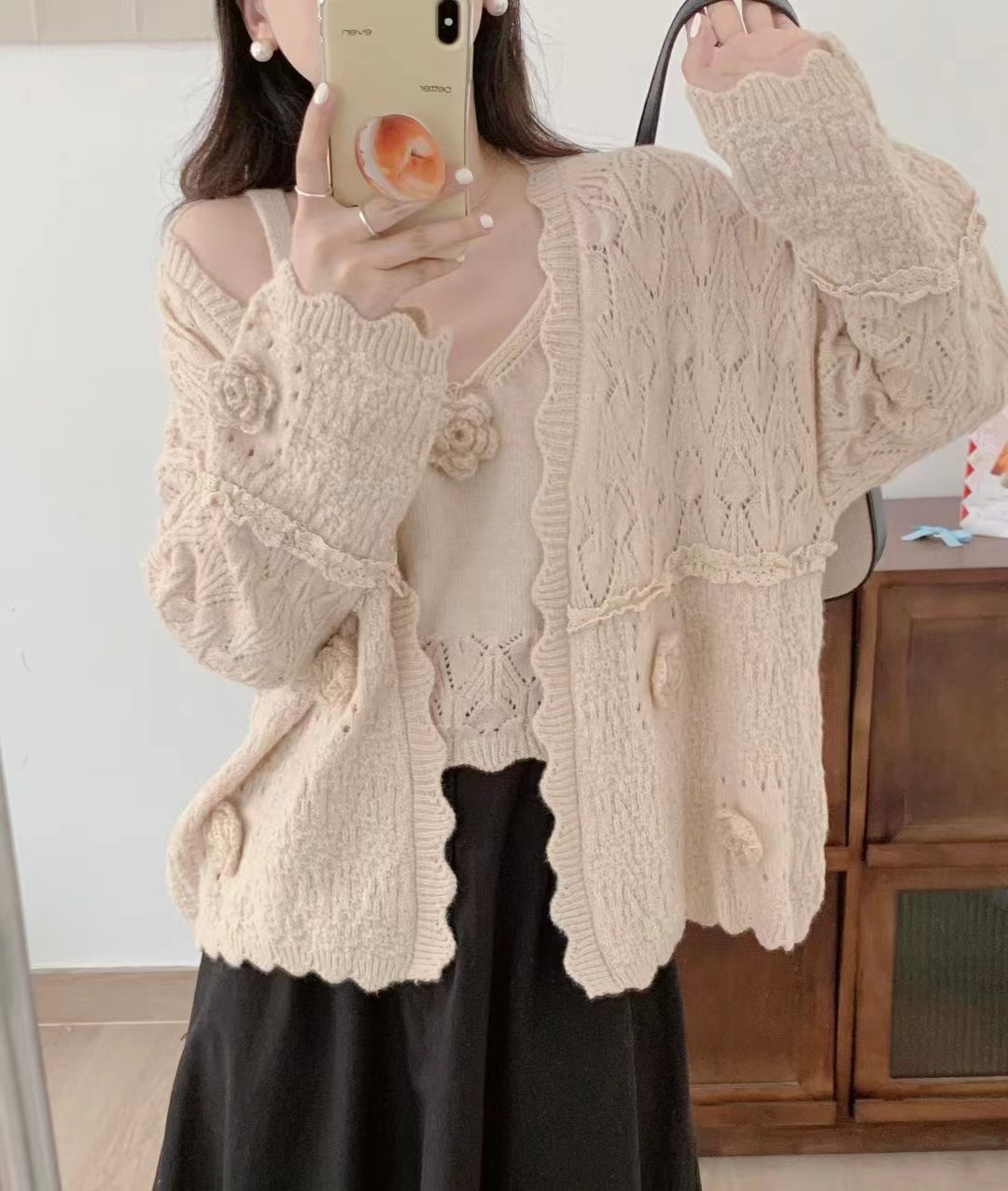 Gentle breast style niche design knitted sweater for women Korean style loose slimming heavy industrial camellia two-piece top