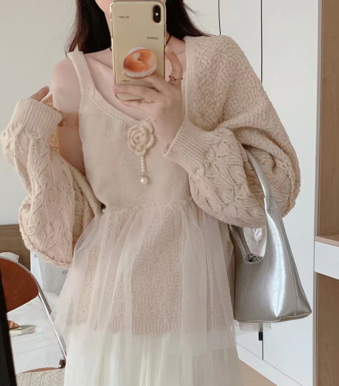Gentle breast style niche design knitted sweater for women Korean style loose slimming heavy industrial camellia two-piece top