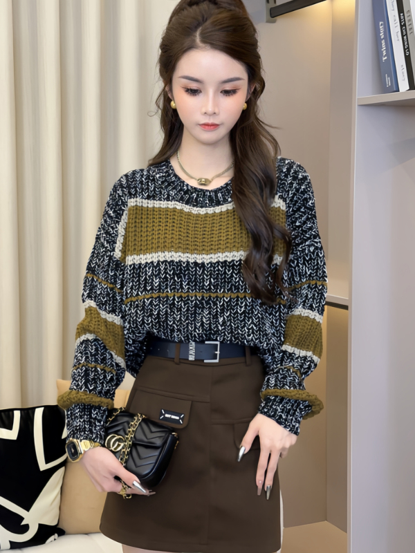 歐貨慵懶設計感重工條紋針織毛衣女長袖秋冬洋氣寬鬆減齡時尚上衣