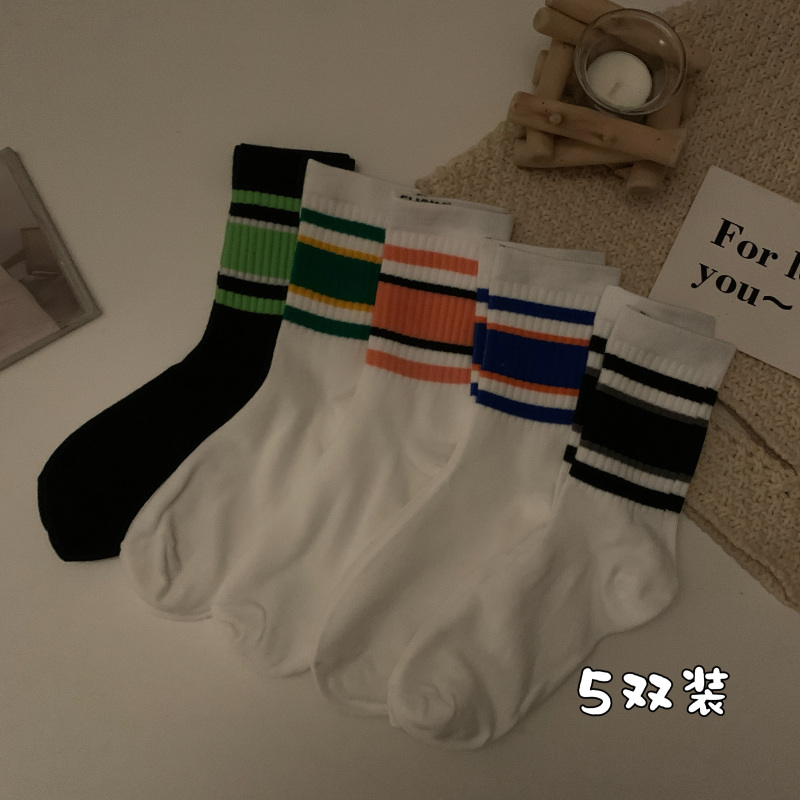Real shots of autumn and winter versatile socks for women mid-calf socks striped pile socks long socks women's socks pure cotton 5 pairs