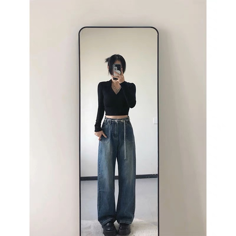 Polo collar design bottoming shirt long-sleeved T-shirt women's autumn and winter tight short chic sweet v-neck top