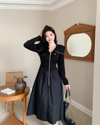 Large size lapel design long-sleeved Hepburn style dress autumn and winter women's fat mm slimming high-waisted A-line long skirt