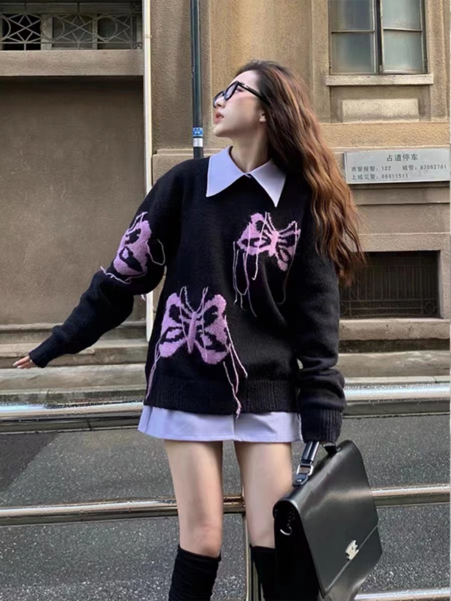 新款撞色蝴蝶流蘇針織衫毛衣女時髦小眾短款寬鬆上衣秋