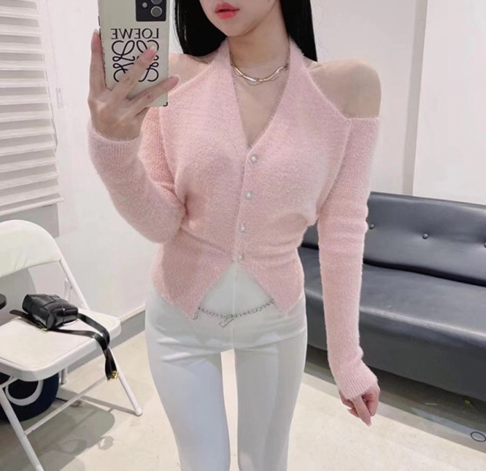 Korean style design off-shoulder temperament sweater for women autumn new 2023 short halterneck long-sleeved sweater