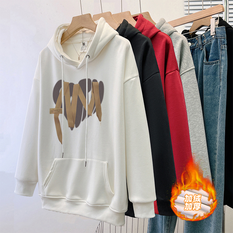 Actual shot of plus size women's clothing 2023 new medium and long hooded sweatshirt thin autumn and winter velvet thickened jacket base layer