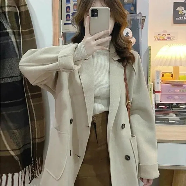 High-end double-sided fleece coat 2023 spring new loose Korean style woolen lapel coat for women