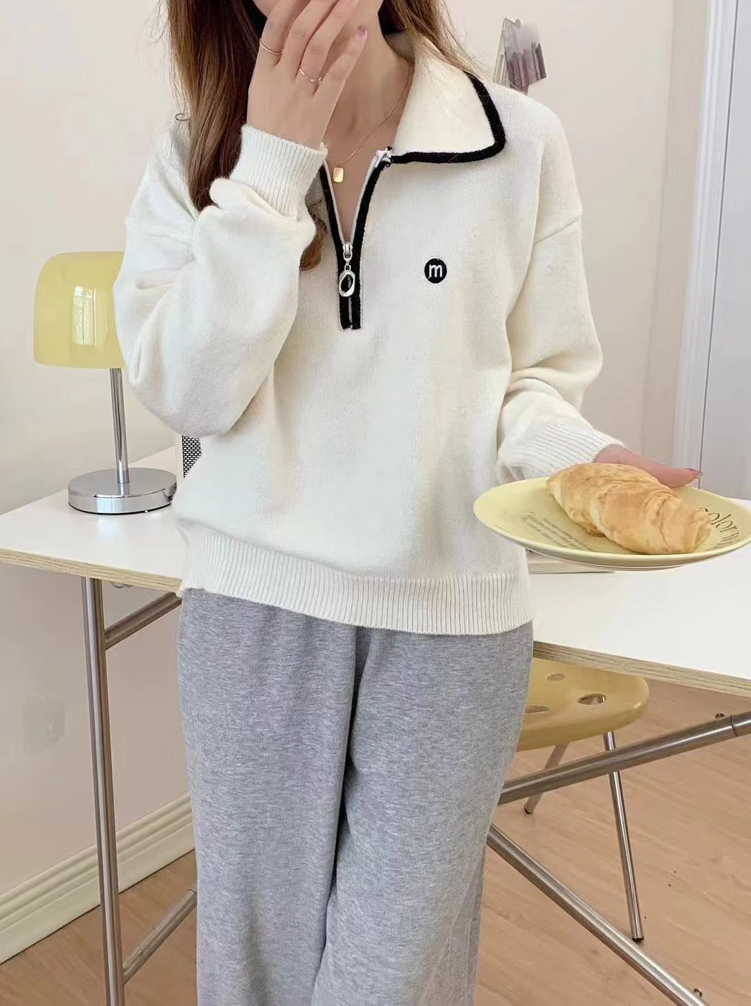 實拍 復古美式慵懶風撞色拼接娃娃領百搭拉鏈長袖上衣女