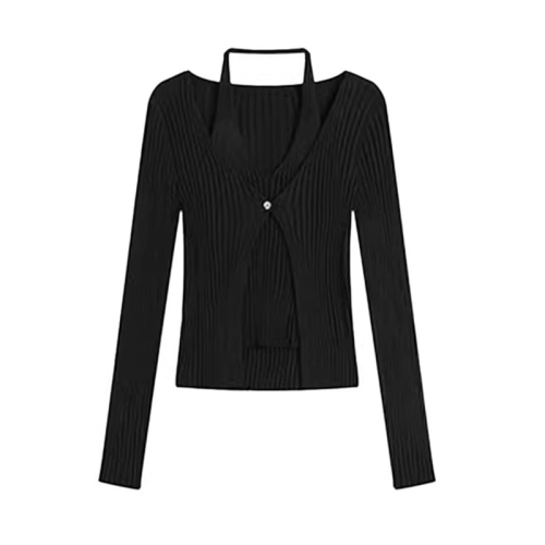 Black fake two-piece halterneck long-sleeved sweater for women 2023 early autumn new slim fit V-neck short top