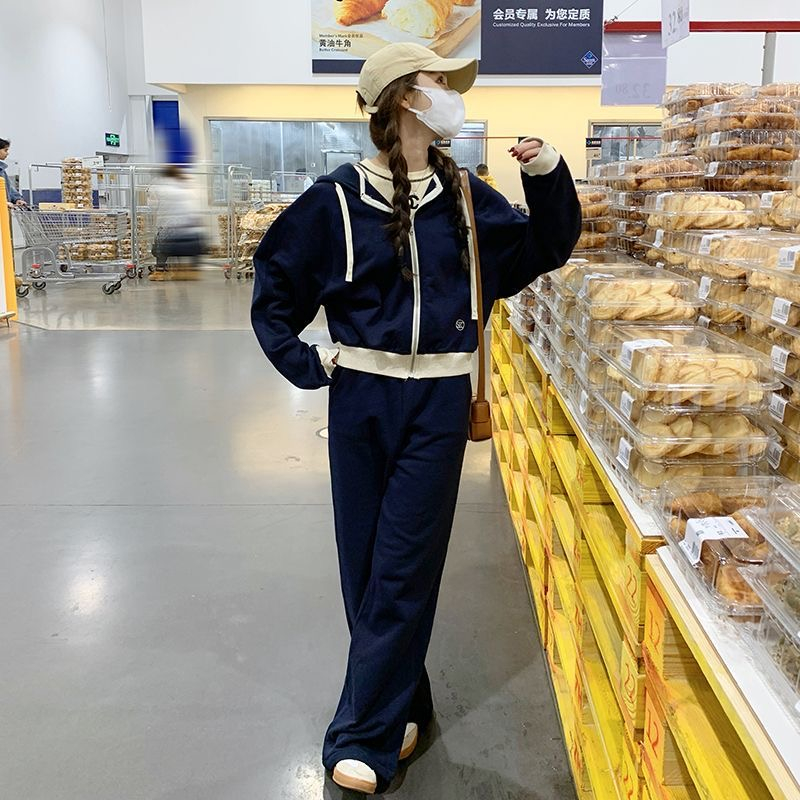 Navy blue sports suit for women 2023 spring and autumn new Korean style college style loose casual wide-leg pants two-piece set