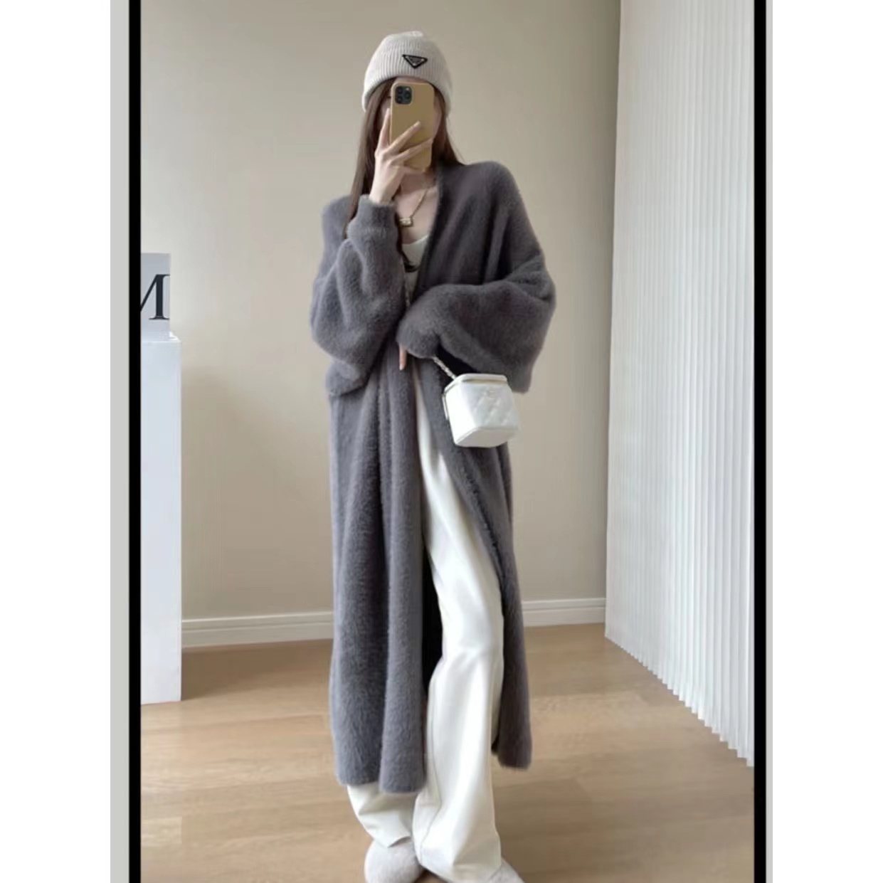 PROMONE Lazy style mid-length knee-high mink velvet sweater jacket for women loose autumn and winter retro knitted cardigan